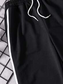 青少年運動休閒針織直筒束腰汗褲，配編織紋路 - 黑色 - 查看 3