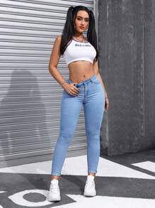 SHEIN ICON 大尺碼女款口袋修身百搭休閒牛仔褲 - 深色水洗藍 - 查看 5