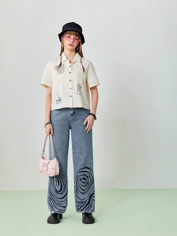 Ladies' Zebra Printed Loose Wide-Leg Denim Pants With Pockets, Casual