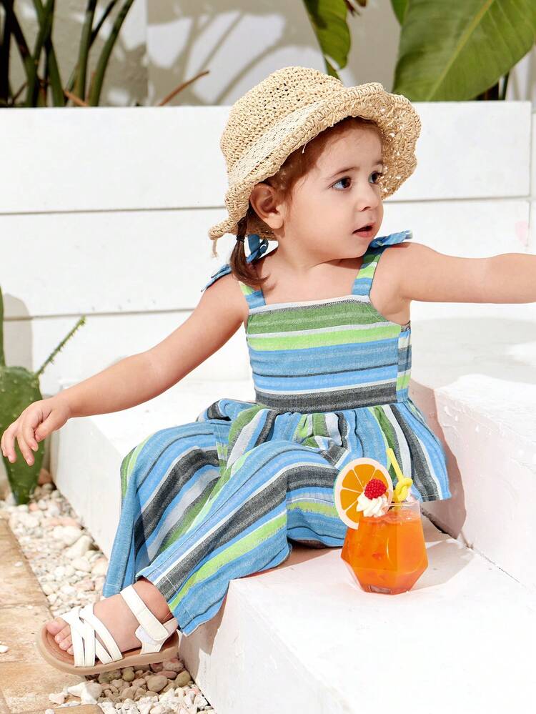 Baby Girl Summer Vacation Striped Tank Top & Elastic Waist Long Pants Outfits