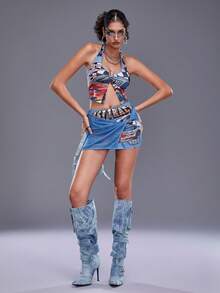 Lsscid Artist Y2K 女士休闲印花修身短款半身裙，适合节日、派对、感恩节 - 藍色 - 查看 6