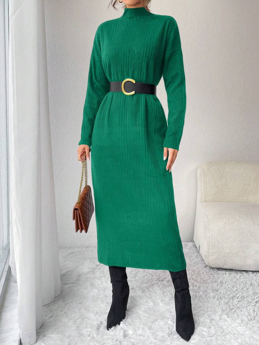 EURMUSE Damski Stójka Opuszczane ramiona Długi Rękaw Suknie Dresowe Z Prążkowany Detal - Zielony - Zobacz 1