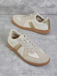 SHUZIA Giày thể thao nữ Replica Germany Trainer Retro buộc dây mũi tròn đế cao su màu be vàng – Giày mùa hè Giày mùa xuân Valentine thiết yếu cho ngày lễ năm mới cổ điển và đa năng - Màu be - Xem 2