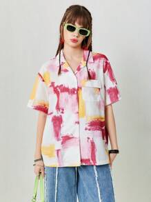 SHEINNeu 女款油畫抽象圖案印花寬鬆休閒上衣，附口袋 - 彩色 - 查看 6