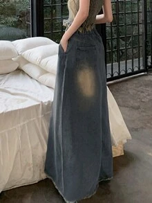 Chân váy mini denim giản dị đa năng dành cho nữ - Rửa tối - Xem 2