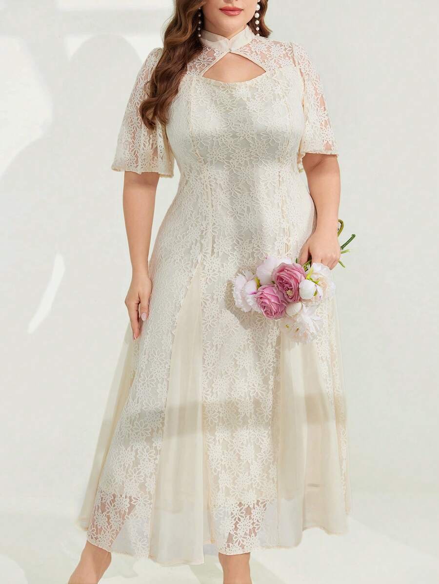 Modelyn Summer Plus Size Women Simple Solid Color Short Sleeve Dress - Apricot - View 1