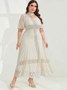 Modelyn Summer Plus Size Women Simple Solid Color Short Sleeve Dress - Apricot - View 3