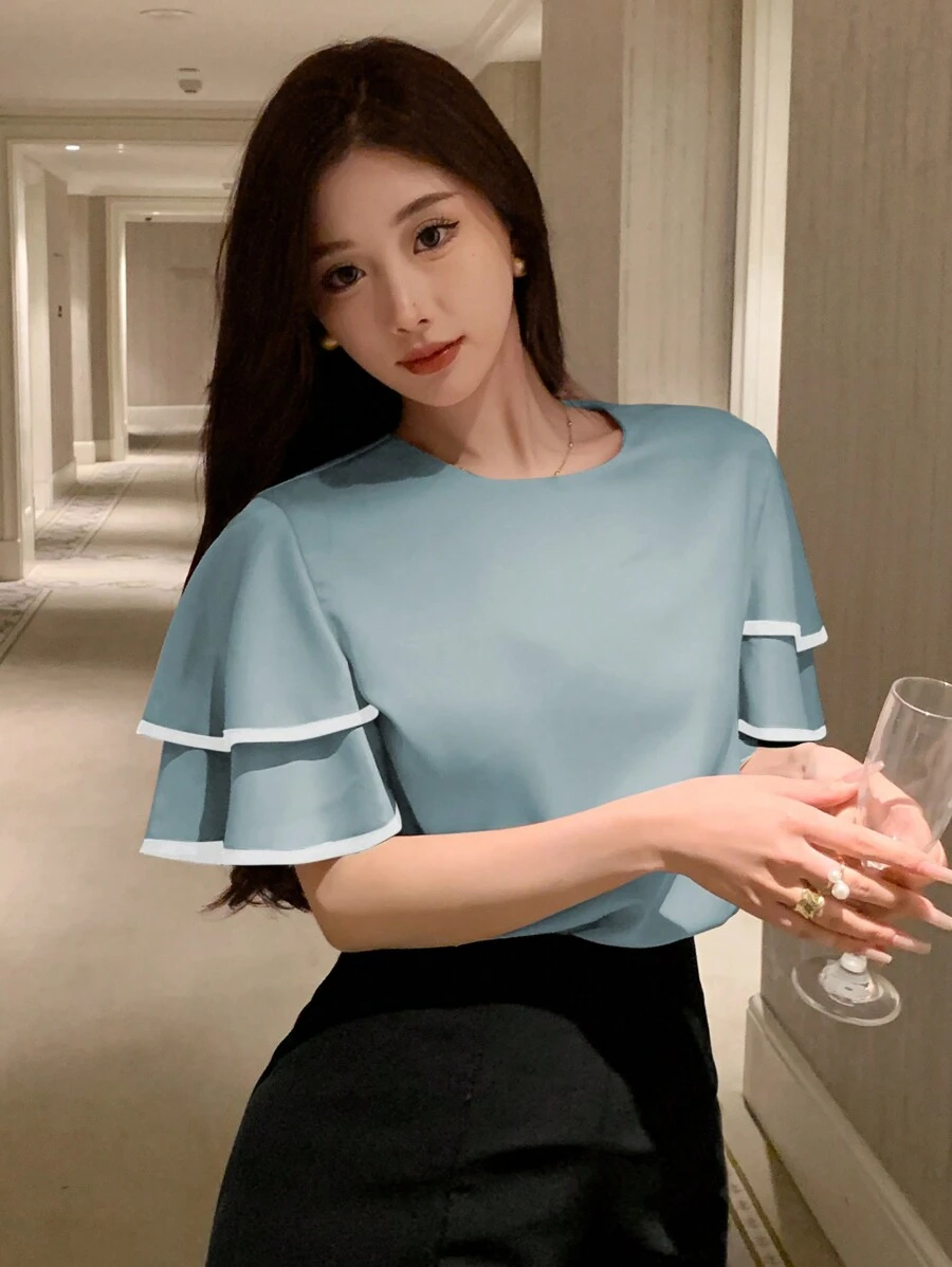 DAZY 女性雙層荷葉邊短袖襯衫,圓領對比拼色設計 - 藍色 - 查看 1