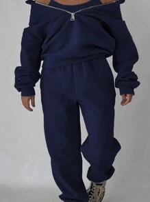 Maweii Damen Große Größen Reißverschluss Halbeleiste Sweatshirt Und Sweatpants Set - marineblau - Übersicht 4