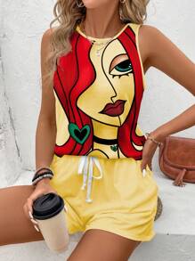 SHEIN LUNE Women's Round Neck Sleeveless Vest With Face Print And Solid Color Drawstring Pocket Shorts Casual 2pcs Summer Outfits