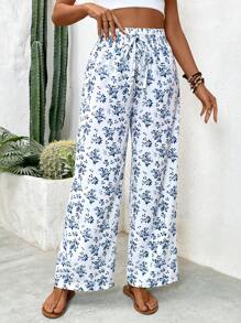 Breezaya 女性小花寬腿寬鬆長褲，腰間綁帶，適合度假穿著 - 彩色 - 查看 6