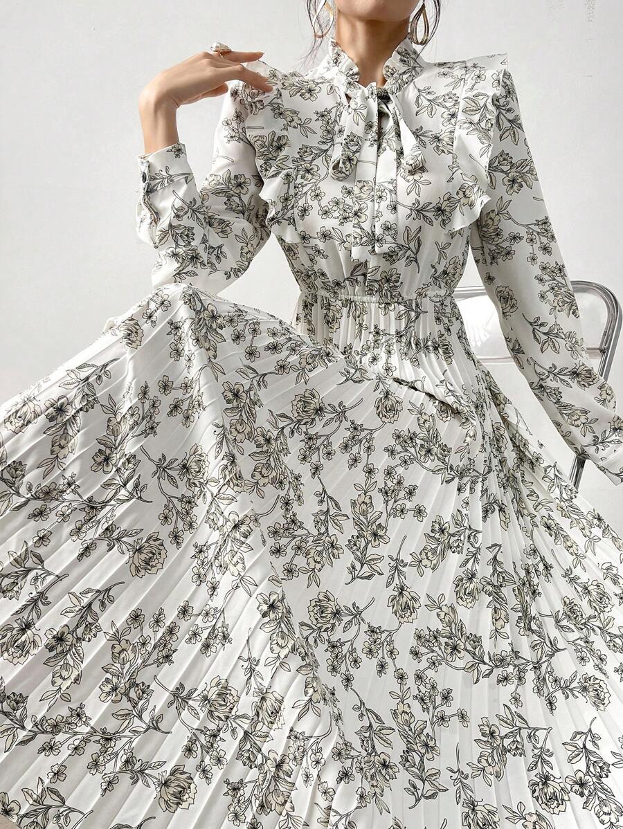 Mulvari Women's Spring/Summer Floral Print Ruffle Hem Belted Long Sleeve Pleated Hem Elegant Dress Maxi Women Outfit