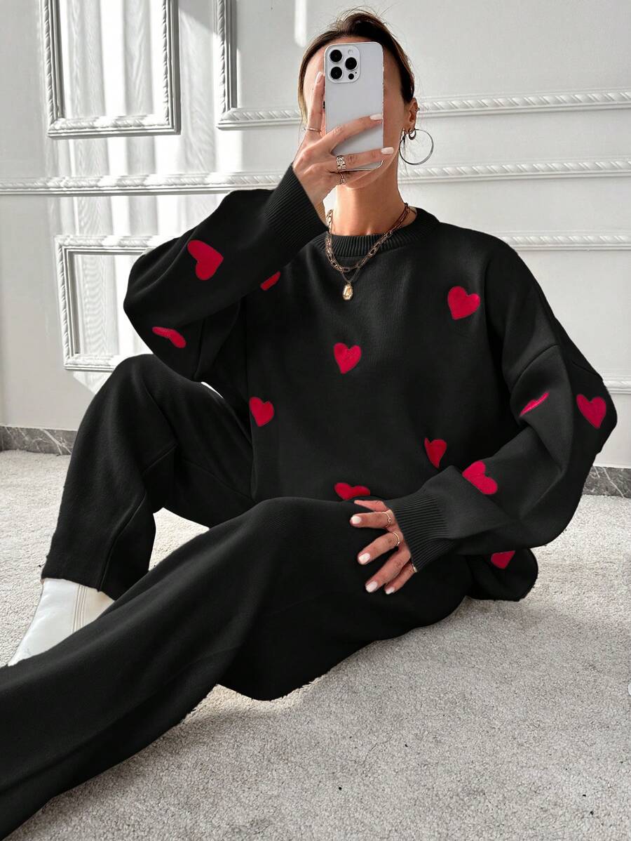 SHEIN Cottnline Women's Heart Pattern Drop Shoulder Sweater And Sweater Pants Set - Black - View 1