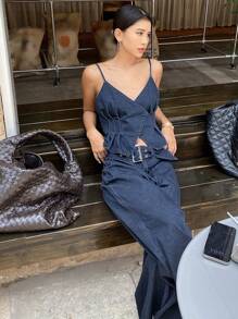 Livesso 女士素色简约日常无袖上衣和牛仔裤套装夏季荷叶边返校服 - 藍色 - 查看 5