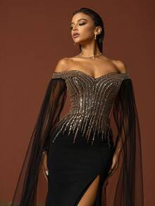 VIPGIRL Luxurious Black Off-Shoulder Beaded Long Gown With Mesh Sleeves And High Slit, Formal Evening Gown, Elegant Party Dress, Prom Dresses For Women Semi Formal Wedding Guest Dress, For Birthday, Graduation, Homecoming