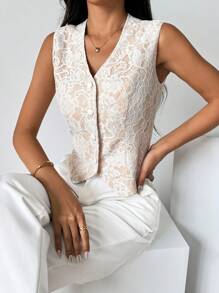 SHEIN Privé Áo khoác vest nữ có ren màu trắng - trắng - Xem 6