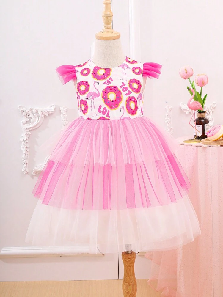 Young Girl Lovely Cartoon Mesh Layered Dress, Sweet Birthday Party Dress For Summer