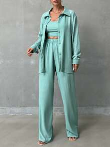 SHEIN Tall 3 Piece Set Of Textured Shirt & Strapless Top & Pants Casual & Fashionable - Mint Green - View 5