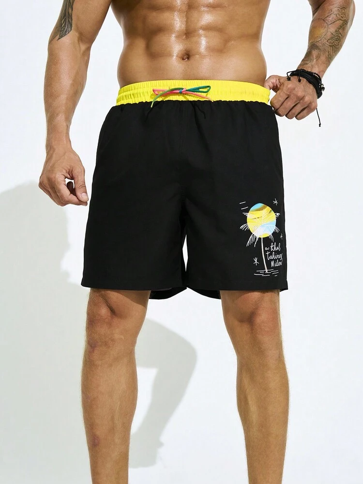 Men Coconut Tree Printed Colorblocking Drawstring Waist Beach Shorts For Vacation And Leisure