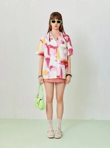 SHEINNeu 女款油畫抽象圖案印花寬鬆休閒上衣，附口袋 - 彩色 - 查看 3