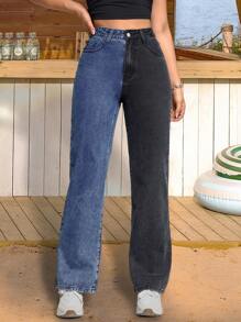 Women's Straight Leg Jeans With Contrast Color Splicing And Side Pockets - Medium Wash - View 5