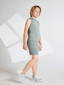 Tween Boy Solid Color Sleeveless Hooded Top And Shorts Summer Sportswear Set