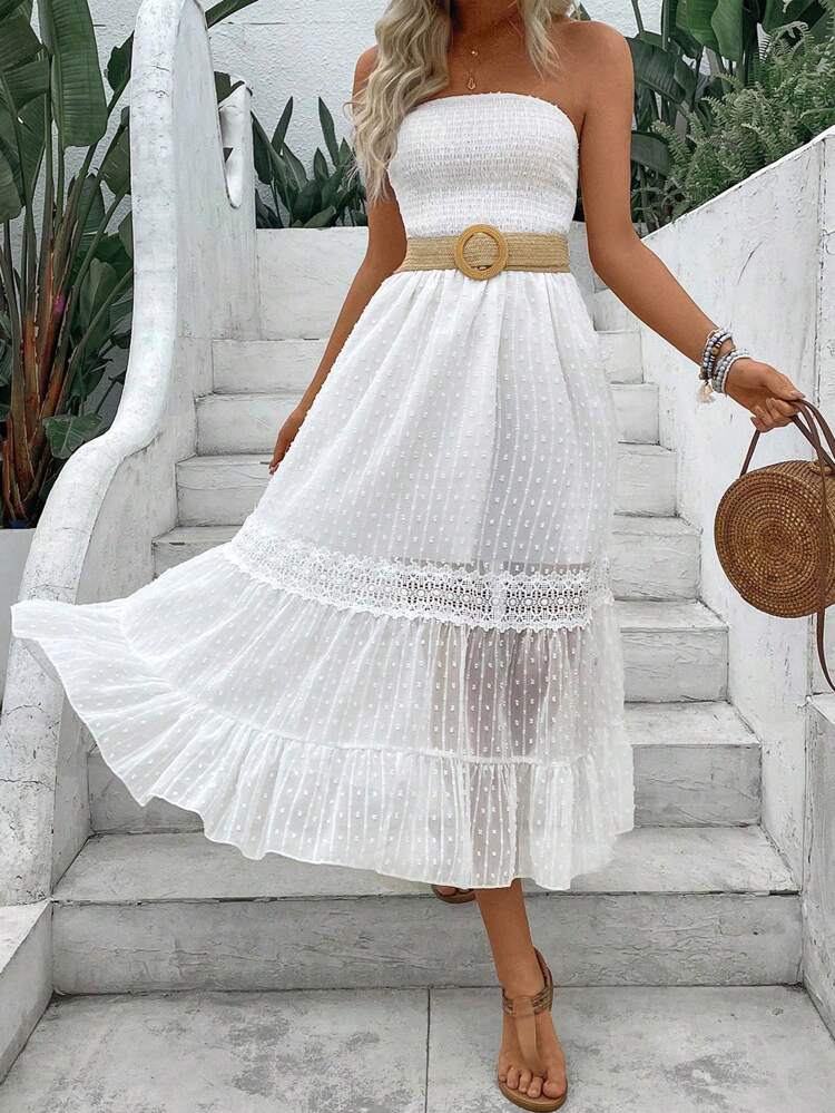 Plus Size Solid Color Strapless Ruffle Hem Chiffon Lace Dress