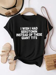 Maweii Plus Size A Short Sleeved T-Shirt With A Slogan, I WISH I HAD SEROTONIN INSTEAD OF THESE GIANT Women Graphic Tee Top For Summer - Black - View 3