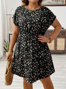 SHEIN LUNE 大码豹纹蝙蝠袖连衣裙，配有松紧腰带，适合度假和休闲场合，适合夏季 - 彩色 - 查看 5