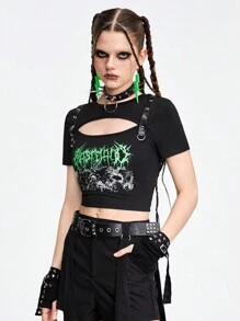 ROMWE Grunge Punk 底部炸辮式字母和骷髏印花金屬網飾女士中空貼身T恤 - 黑色 - 查看 4