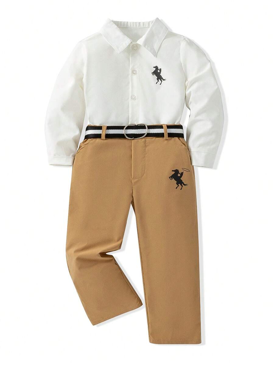 SHEIN Young Boy Simple Printed Gentleman Clothes For Daily Wear - Khaki - View 1