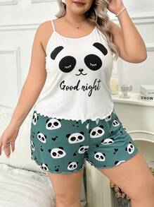 Plus Size Cute Panda Print Summer Tank Top And Shorts Pajama Set