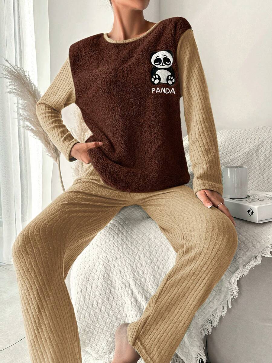 RueChic Panda & Letter Embroidery Contrast Sleeve PJ Set - Brown - View 1