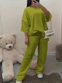 INAWLY Plus Size Solid Color Round Neck Casual Drop Shoulder Sleeve Summer Top And Pants Two Pieces Set - Green - View 3