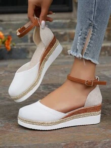 Sandalias tejidas de talla grande para mujer con unicolor empalmado, punta cerrada, correa ligera y cuña elegante con suela gruesa - Blanco - Ver 1