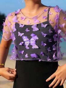 Tween Girl Vacation Butterfly Print Casual One-Piece Swimsuit With Mesh Short Sleeve Cover-Up Top - Multicolor - View 6