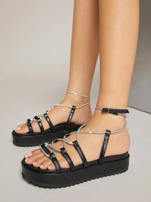 SHUZIA Ladies' Color Block Wedge Heel Espadrilles With Straps - Black - View 3