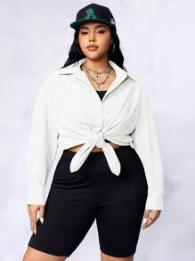 SHEIN EZwear CURVE 大尺碼女士拼色休閒尖領襯衫、背心和騎行褲3件套裝 - 黑與白 - 查看 1