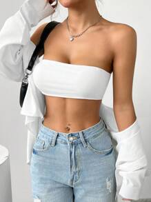 SHEIN EZwear Crop top de mujer ultra corto sin respaldo y sin tirantes - Blanco - Ver 2