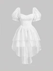 SHEIN MOD Plus Nữ Hoa Jacquard Tay Phồng Bánh Xếp Lớp Xù Vintage Đầm - trắng - Xem 1
