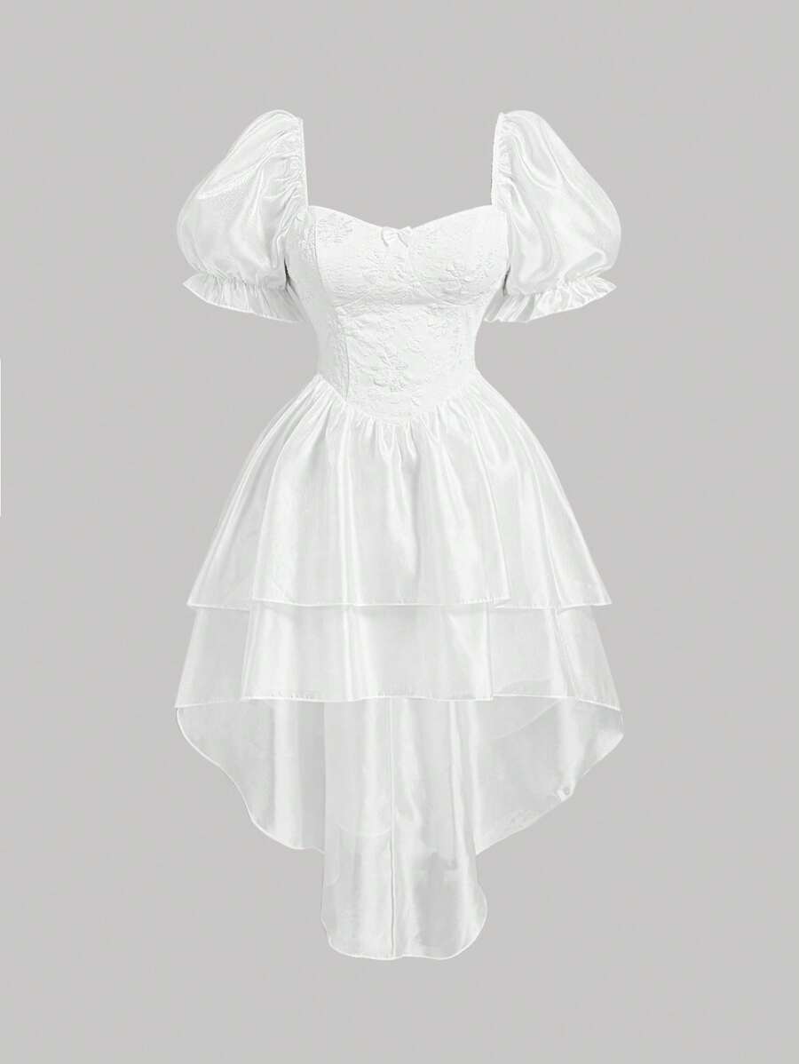 SHEIN MOD Plus Nữ Hoa Jacquard Tay Phồng Bánh Xếp Lớp Xù Vintage Đầm - trắng - Xem 1