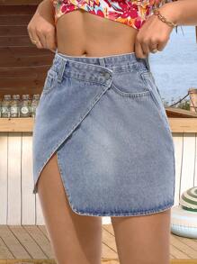 Breezaya Jupe en denim à taille haute asymétrique pour femmes avec fente latérale, décontractée - Bleu azur - Voir 6