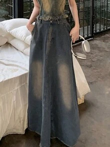 Chân váy mini denim giản dị đa năng dành cho nữ - Rửa tối - Xem 1