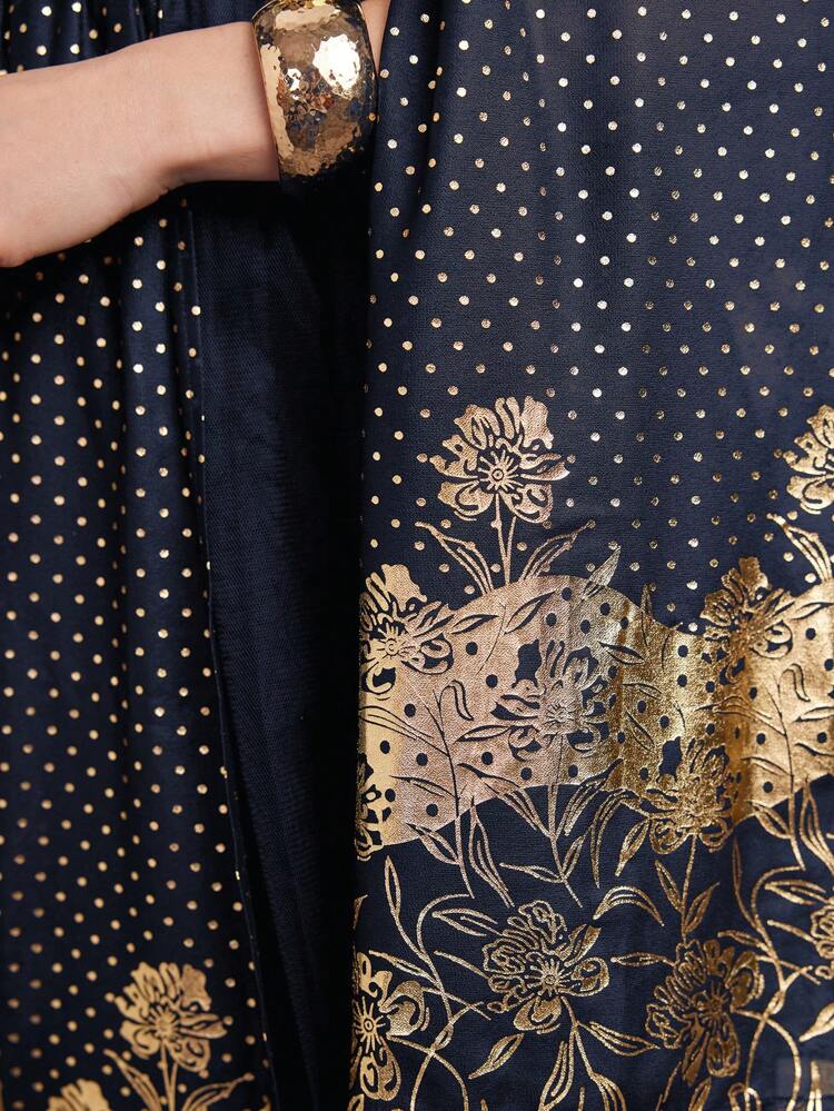 Women's Elegant Golden Printed Mesh Panel Cape Sleeve Dress For Spring/Summer Long Evening Dresses