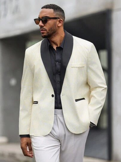 Manfinity Mode Men Plus Size Color Block Shawl Collar Business Travel Suit Jacket With Long Sleeves, Spring And Autumn