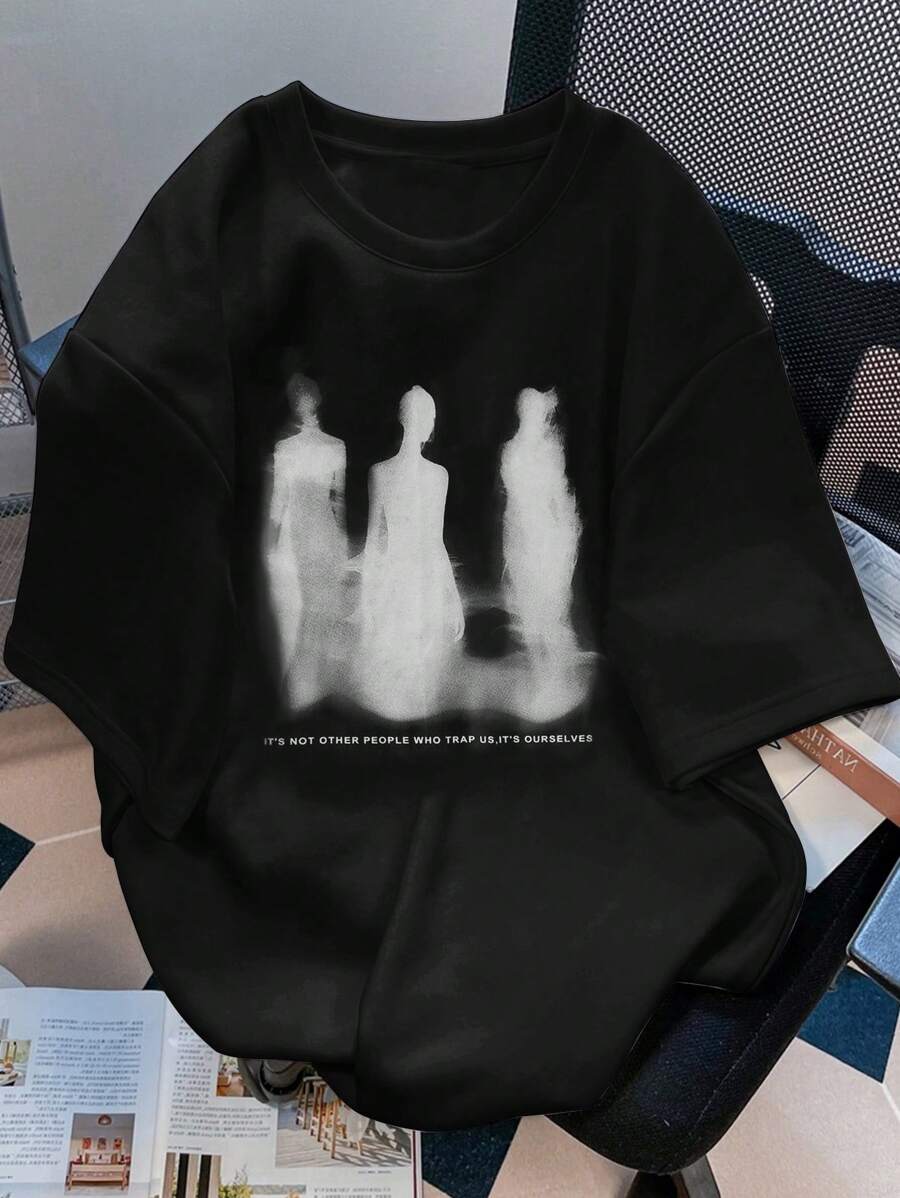 Claim Dot 男士夏季印花短袖T恤，印有標語和虛幻人物圖案，圓領休閒上衣 - 黑色 - 查看 1