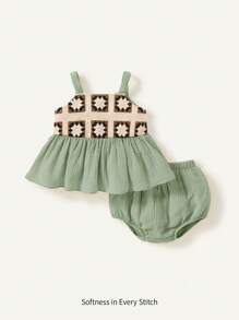 Cozy Pixies Baby Girl Floral Knitted Patchwork Sleeveless Overalls Dress With Bloomer Set - Cadet Blue - View 1