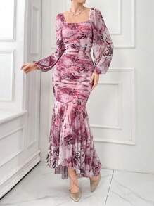 Feyla 女士优雅花朵印花灯笼袖修身美人鱼长裙，春夏长款晚礼服 - 彩色 - 查看 7