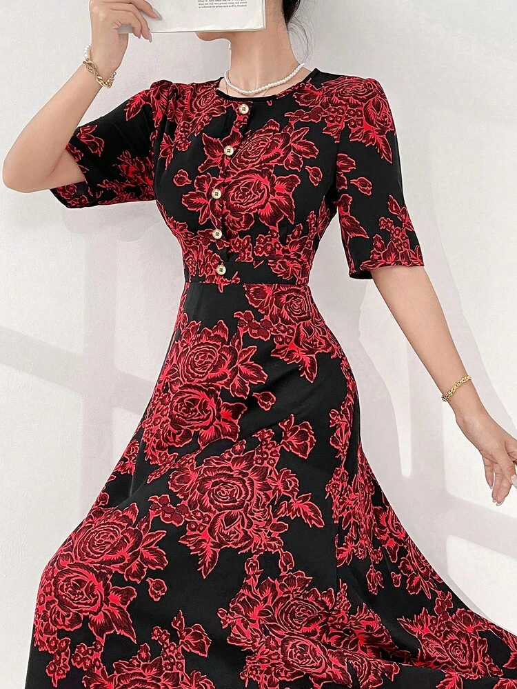 Women's Round Neck Single-Breasted Flower Printed Casual Short Sleeve Summer Dress