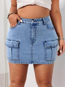SHEIN ICON Falda vaquera simple y sólida para mujer de talla grande, ideal para uso diario - Azul - Ver 3
